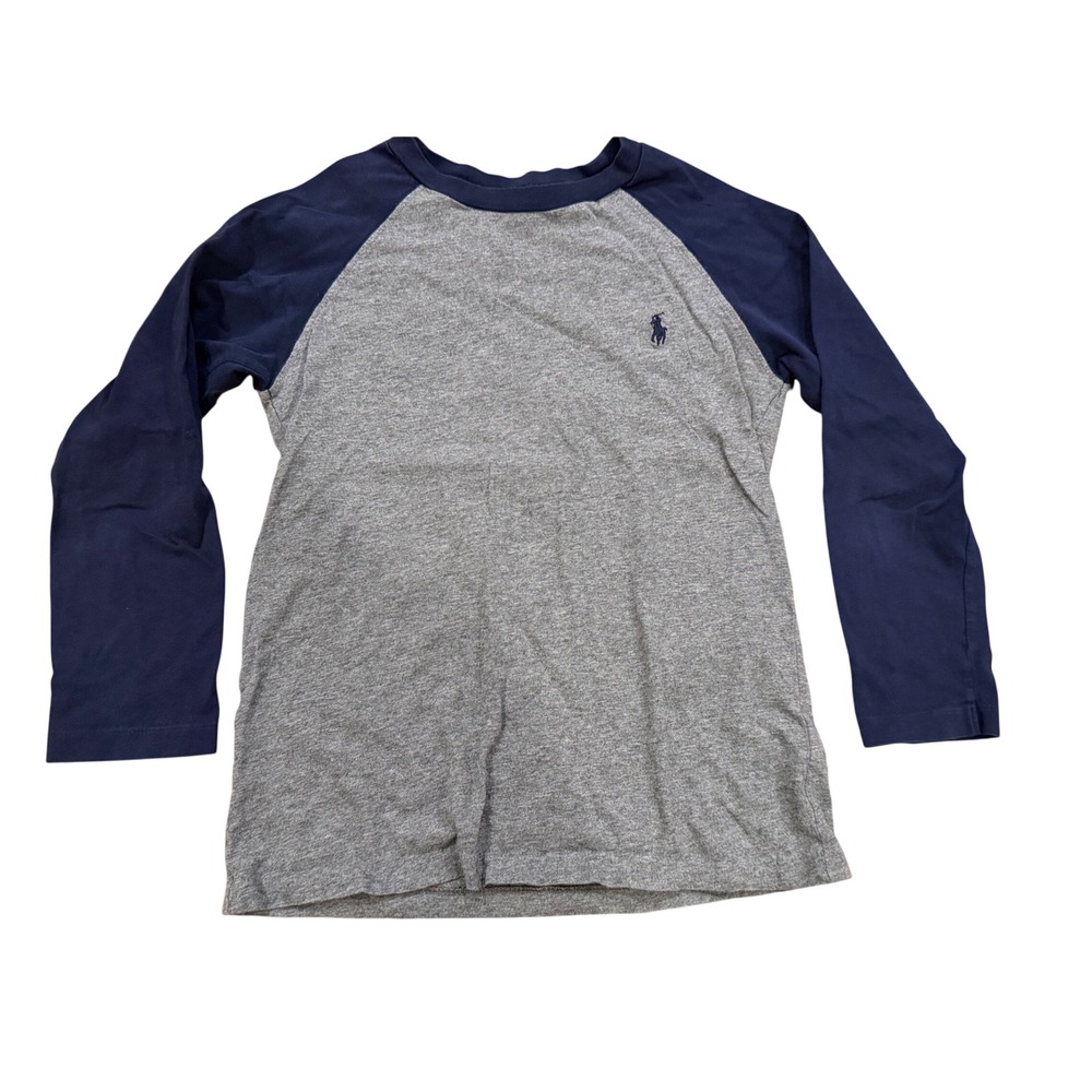 Polo Ralph Lauren Boys Gray Navy Blue Raglan Baseball Long Sleeve Shirt Size 8